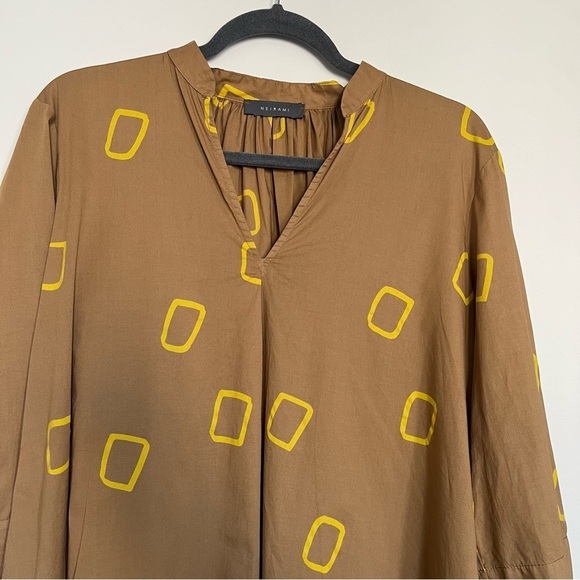 Neirami Oversized Artsy Camel Geometric Yellow Print Midi Dress in S Lagenlook - Picture 3 of 15